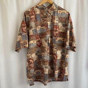 Cooke Street Hawaiian Aloha Red Brown Palm Tree Postcard Button Down Shirt XL